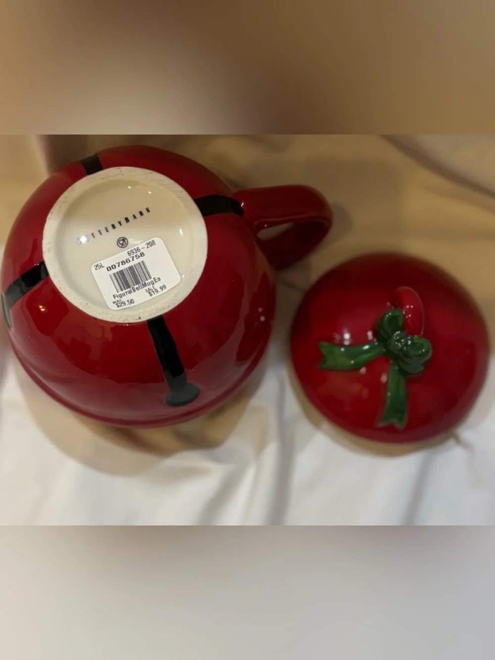 POTTERY BARN RED W/ GREEN BOW JINGLE BELL FIGURAL MUG W/ LID HOLIDAY NEW NWT